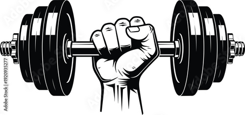 Strong fist lifting heavy barbell dumbbell, fitness power symbol, black and white gym strength training vector illustration isolated