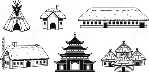 Traditional ethnic houses and world architecture set, teepee pagoda thatched huts village homes black and white vector illustration collection