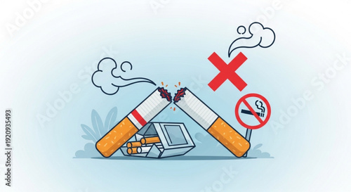 No smoking concept with broken cigarettes and prohibition signs