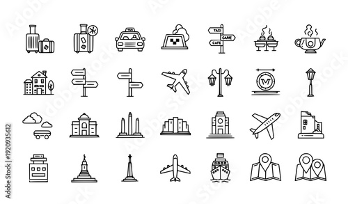 Mono-Linear Travel and City Icons Vector Minimalist Outline Symbol Pack