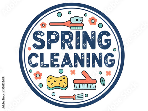 Spring Cleaning Vector Illustration Badge with Scrub Brushes and Sponge.