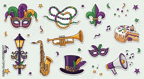 Mardi gras party icons with masks music and festive decorations