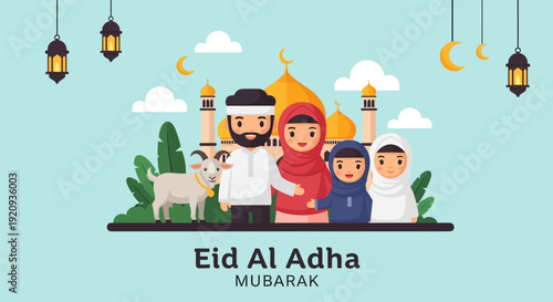 Eid Al Adha Mubarak: Happy Muslim family celebrating the Festival of Sacrifice with a goat and mosque background. Islamic holiday illustration.