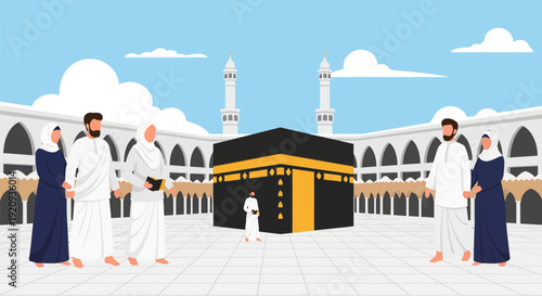 Muslim Pilgrims Performing Hajj or Umrah at Kaaba in Mecca - Islamic Sacred Journey Vector Illustration