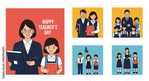 Happy Teacher's Day Vector Art Collection: Diverse Illustrations of Teachers and Students in Educational Settings