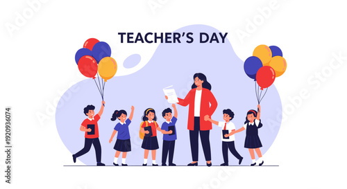 Joyful Teacher's Day Celebration with Happy Students, Honoring Educators and Learning in a Vibrant Flat Design Illustration