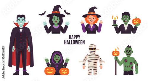 Happy Halloween Cartoon Characters Set with Witches, Vampire, Zombies, Mummy, and Pumpkins. Flat Vector Spooky Fun Illustration.