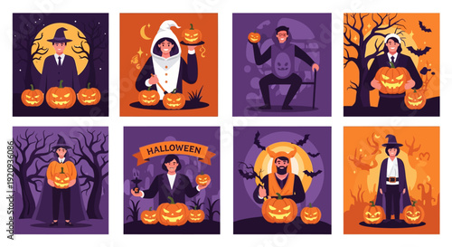 Halloween Characters Collection: Diverse People in Spooky Costumes with Jack-o'-Lanterns, Bats, and Festive Elements