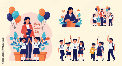 Happy Teacher's Day Vector Illustration Set: Teachers and Students Celebrating, Learning, and Showing Appreciation in School Theme