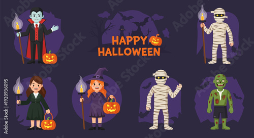 Happy Halloween Characters Illustration: Vampire, Witch, Mummy, Zombie, and Trick-or-Treaters for Festive Spooky Designs