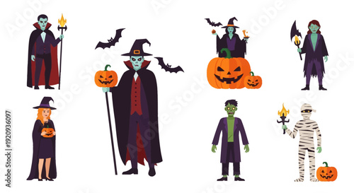 Collection of Classic Halloween Spooky Characters: Dracula, Witch, Zombie, Mummy, and Pumpkins. Flat Design Isolated Elements.