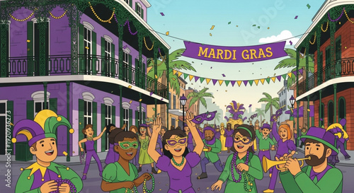 Mardi gras celebration street party with jester clowns and confetti