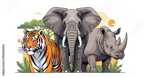 Wild animals tiger elephant and rhino standing together in savannah landscape with sunny background