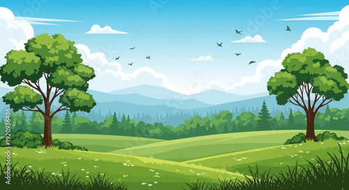 Vibrant Summer Meadow Landscape Illustration with Rolling Hills and Green Trees Under Blue Sky