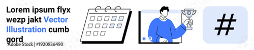 Calendar with multiple dates, person holding a trophy, and metadata tag symbol. Ideal for scheduling, productivity, achievements, competition, social media strategy, organizing and a simple landing