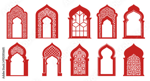 Collection of Red Islamic Archway and Window Vector Icons on White Background