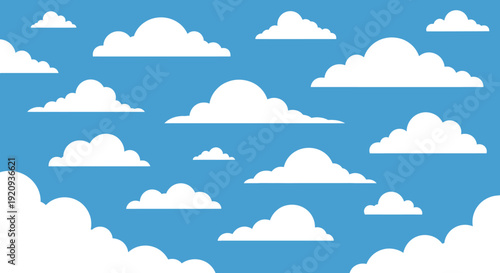 Fluffy White Cumulus Clouds Floating in a Clear Blue Sky Background