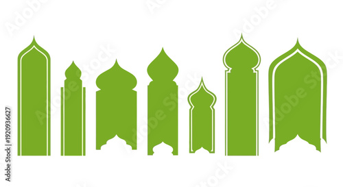 Green Islamic Architectural Window Frames and Arches Set on White Background