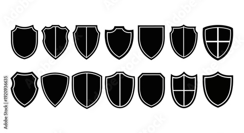 Collection of Diverse Shield Shapes Vector Icons Set on White Background