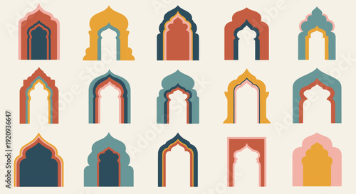 Collection of Retro Islamic Arch and Frame Vector Designs in Warm Colors