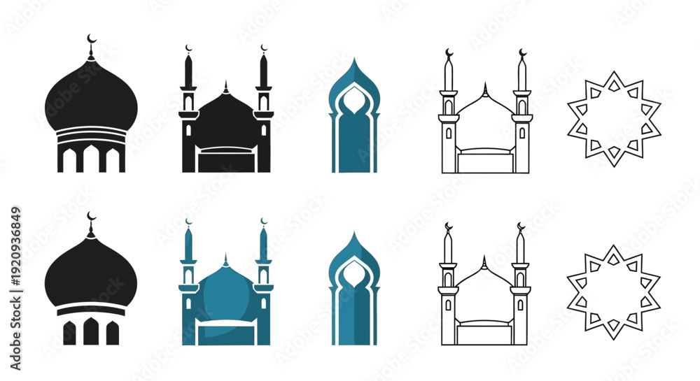 Obraz premium Islamic Architectural Elements Vector Icon Set: Mosques, Domes, and Geometric Patterns