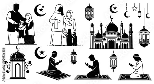 Islamic Eid Celebration Elements: Mosque, Family, Prayer, and Lanterns Vector Art