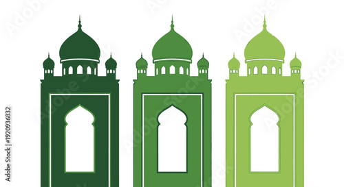 Set of Islamic Mosque Silhouettes with Arched and Domes in Green Tones