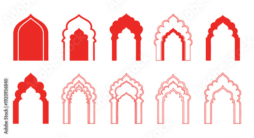 Collection of Red Islamic Archway Designs Vector Set on White Background