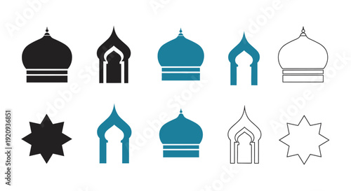 Islamic Architectural Elements: Mosque Domes and Star Patterns Vector Icons Set