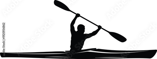 Man Kayaking Silhouette with Paddle on Calm Water, Outdoor Canoeing Adventure Sport Vector Illustration Isolated on White Background
