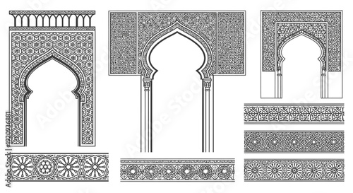 Intricate Islamic Geometric Archways and Borders Vector Art with Traditional Patterns