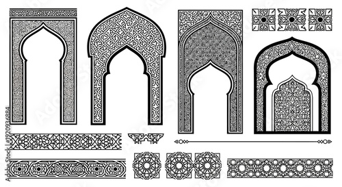 Intricate Islamic Geometric Archways and Decorative Borders Vector Set