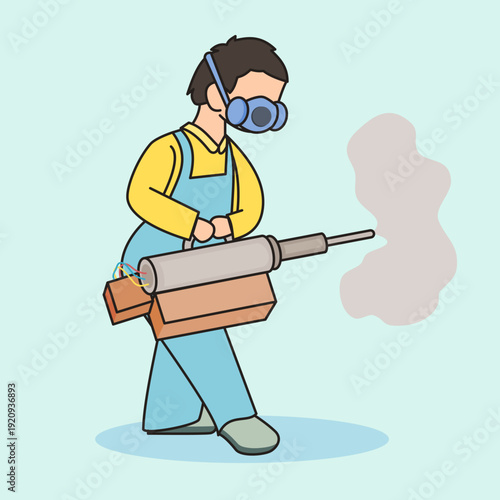 Flat vector illustration of pest control worker with fogging equipment. Clean cartoon style. Ideal for malaria disease prevention visuals and health campaign graphics.