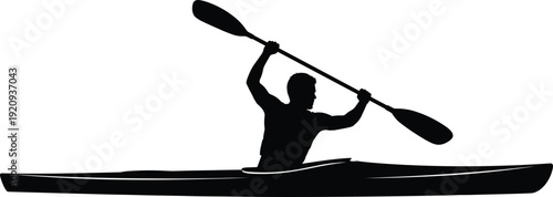 Silhouette of Man Kayaking on Calm Water with Paddle, Outdoor Adventure Canoeing Sport Vector Illustration Isolated on White Background