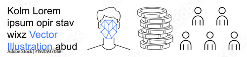 Biometric security, facial identification, digital currency, technology, data privacy, financial transaction. Face with geometric pattern, stack of coins group of people symbols. Facial