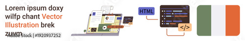 Web design, programming, education, national identity, coding tools, digital technology. Visual of coding interface, web design tools and Irish flag. Web design and programming concept