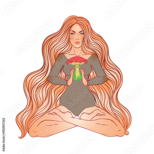 Vector illustration of a woman with mushrooms in a New Age psychedelic style. Concept of psilocybin, consciousness expansion, yoga, spirituality, and hippie culture with symbolic, colorful details.
