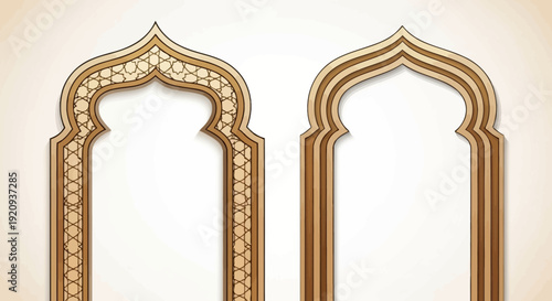 Elegant Islamic Geometric Archway Frame Design with Intricate Patterns and Wood Texture
