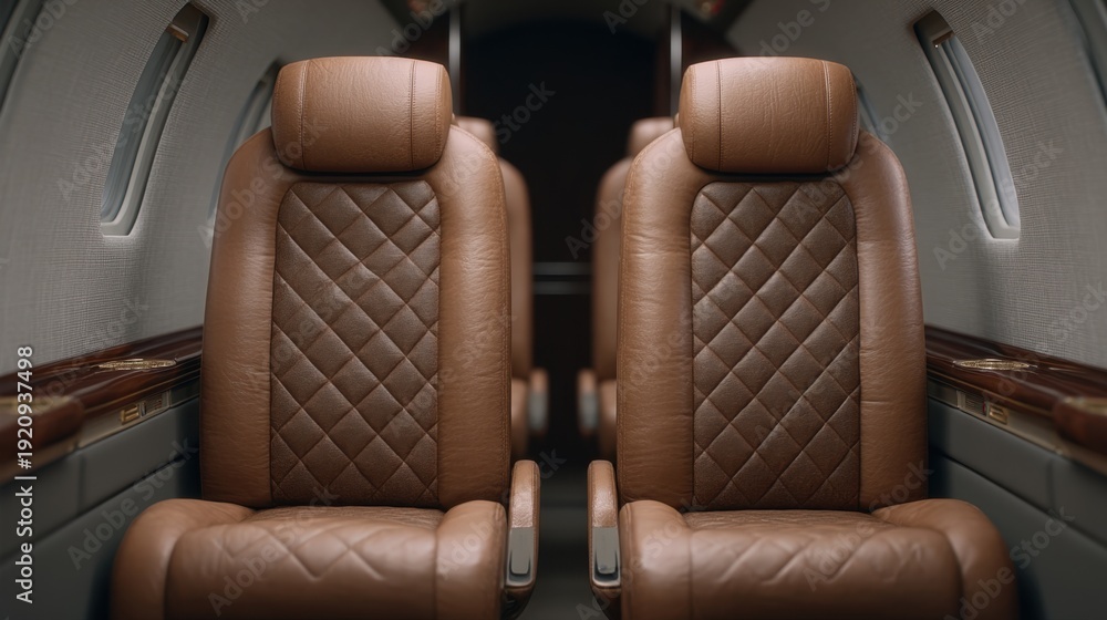 Fototapeta premium Luxurious Interior of Private Jet Cabin Featuring Elegant Brown Leather Seats with Unique Quilted Design and Sophisticated Atmosphere