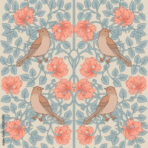 Seamless vector pattern in William Morris style with birds, flowers, and foli...