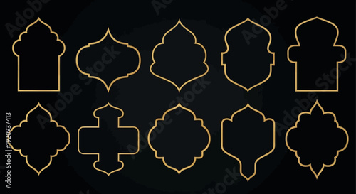 Collection of Elegant Gold Geometric Islamic Frames and Borders on Black Background