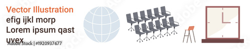 Globalization, office setup, teamwork, modern business, workplace design, communication. Globe, arranged chairs window and stool. Globalization and office setup for professional concepts