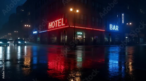 Urban Nightscape with Hotel and Bar Neon Lights Reflecting in Wet Street