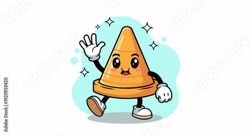Friendly cartoon traffic cone mascot waving hello.