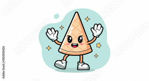 Friendly triangle mascot dancing and smiling character.