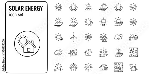 Solar Energy Thin Line Icons-Solar Panels Photovoltaic Renewable Energy Solar Power Clean Electricity-Editable Stroke Vector Icon Set - Solar Energy Icons