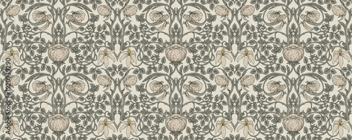 Seamless tulip pattern inspired by William Morris style. Classic floral design with elegant repeating composition, suitable for wallpaper, textiles, tapestry, and heritage-inspired decor.