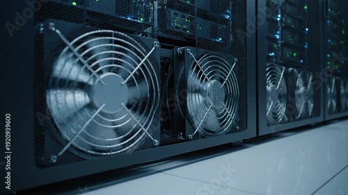 Electronics Ventilation Macro view of a CPU or GPU fan spinning rapidly inside a high-performance computer.