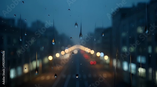 Cityscape Rainy Day Reflection Through Window with blurred Traffic Lights