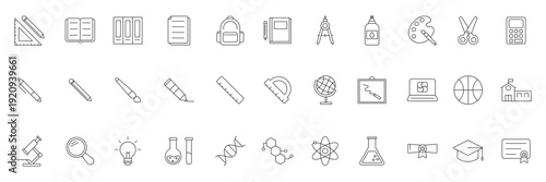 Back to School Education Icon Set with School, University and Laboratory Items. Editable Stroke